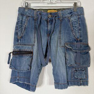 Z. Cavaricci Distressed Denim Cargo Shorts SZ 5 Pockets & Drawstrings Indie